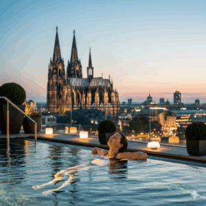 Day-Spa in Köln Person entspannt im pool auf dem Dach mit blick auf den Kölner Dom