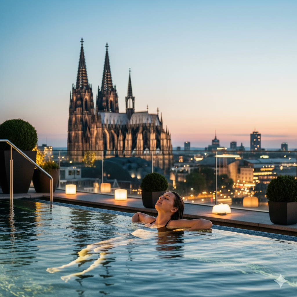 Day-Spa in Köln Person entspannt im pool auf dem Dach mit blick auf den Kölner Dom